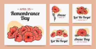 Free vector hand drawn anzac day instagram posts collection