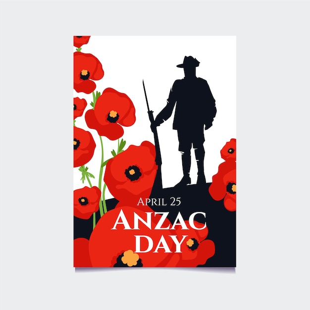 Hand drawn anzac day vertical poster template with soldier silhouette