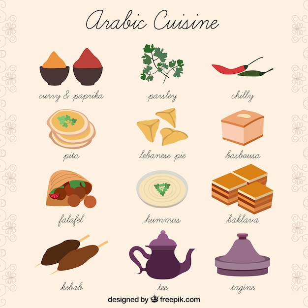 Vettore gratuito disegnato a mano collezione cucina araba