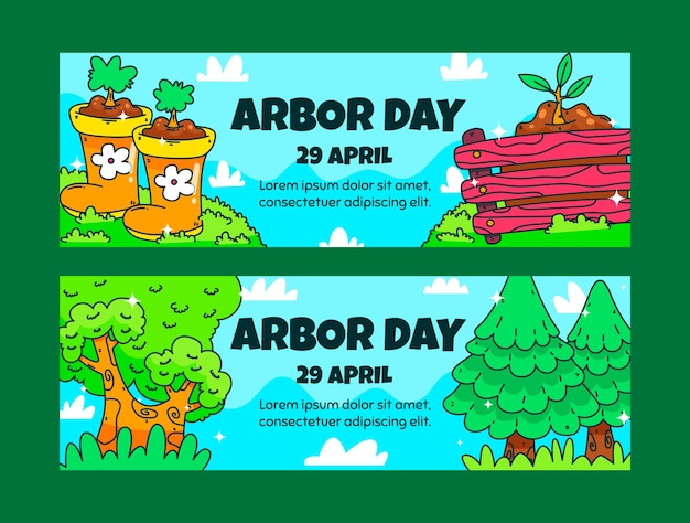 Hand drawn arbor day horizontal banners pack