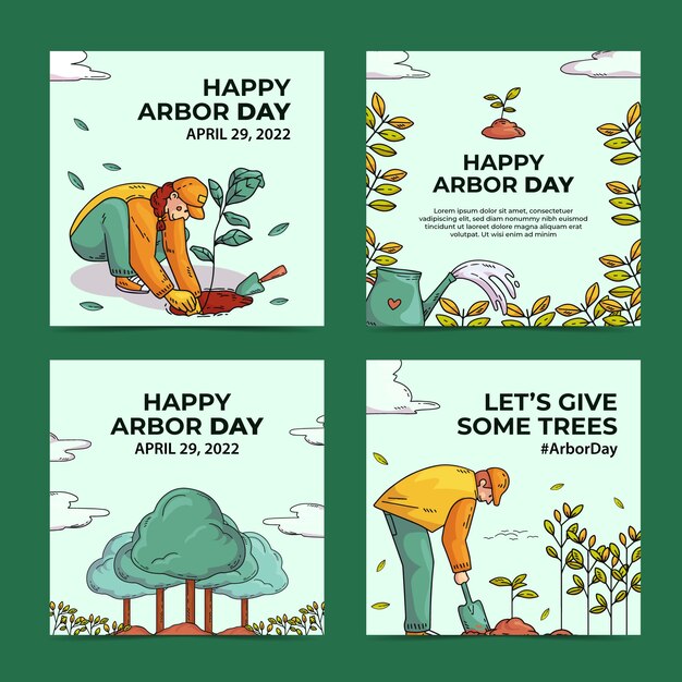 Hand drawn arbor day instagram posts collection