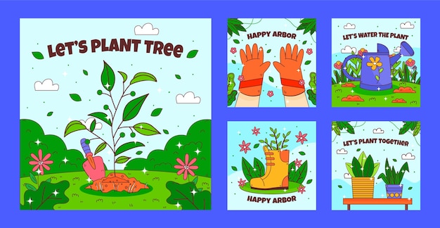 Hand drawn arbor day instagram posts collection