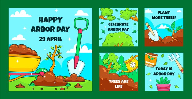 Hand drawn arbor day instagram posts collection