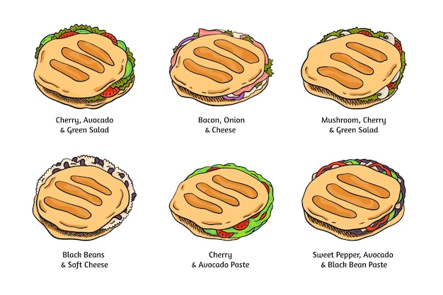 무료 벡터 손으로 그린 arepas 세트