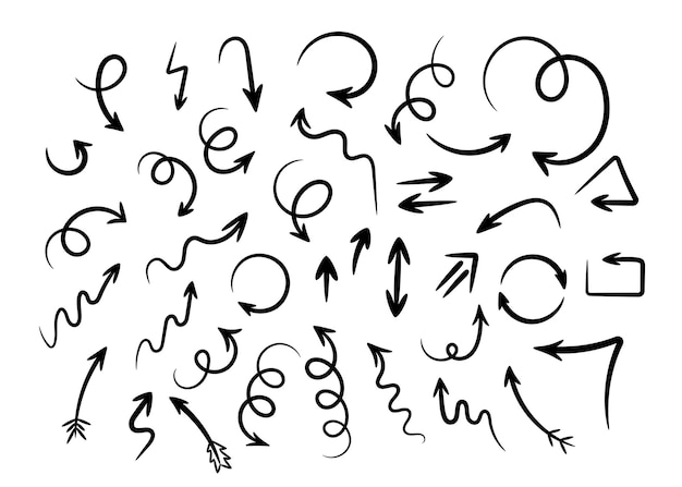 Hand drawn arrows collection vector illustration. curves and spirals, round and twist arrows