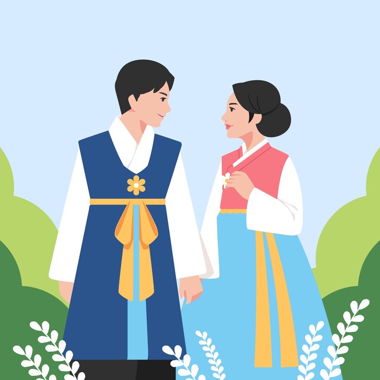 무료 Vector 손으로 그린 아시아 커플 그림