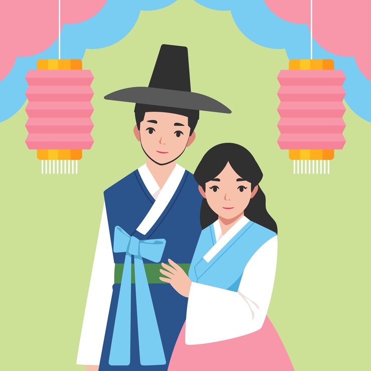 무료 Vector 손으로 그린 아시아 커플 그림