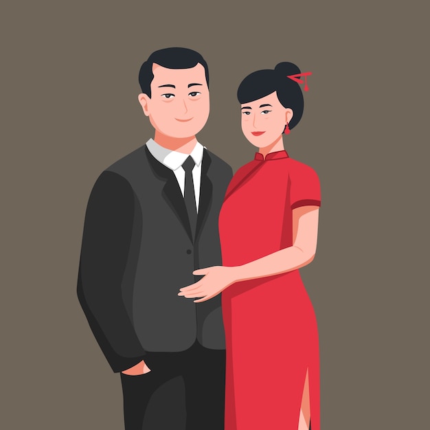 Hand drawn asian couple illustration