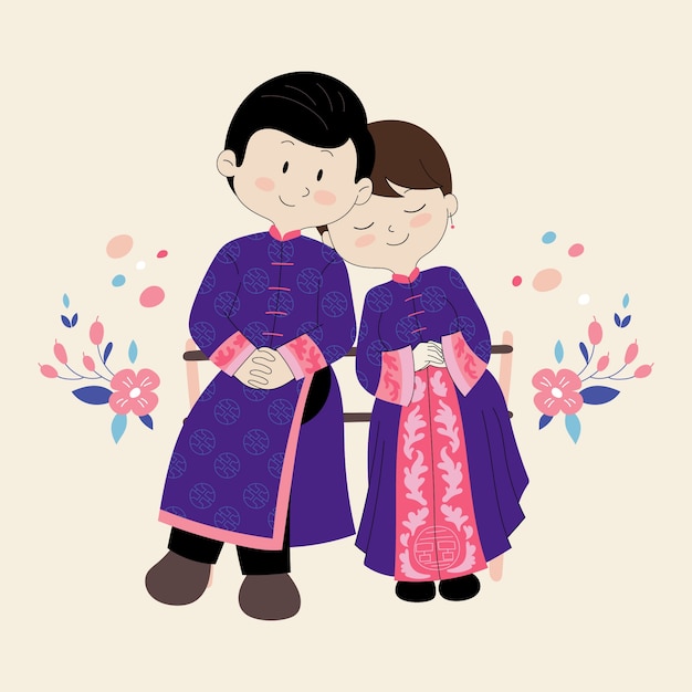 Free vector hand drawn asian couple illustration