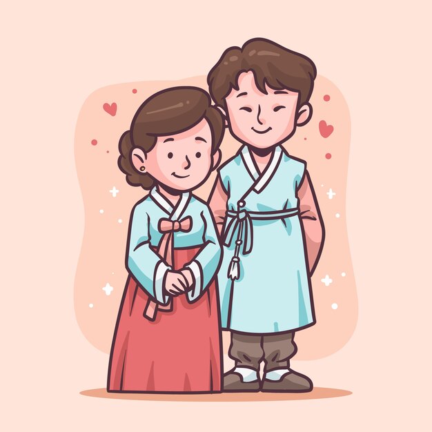 Hand drawn asian couple illustration