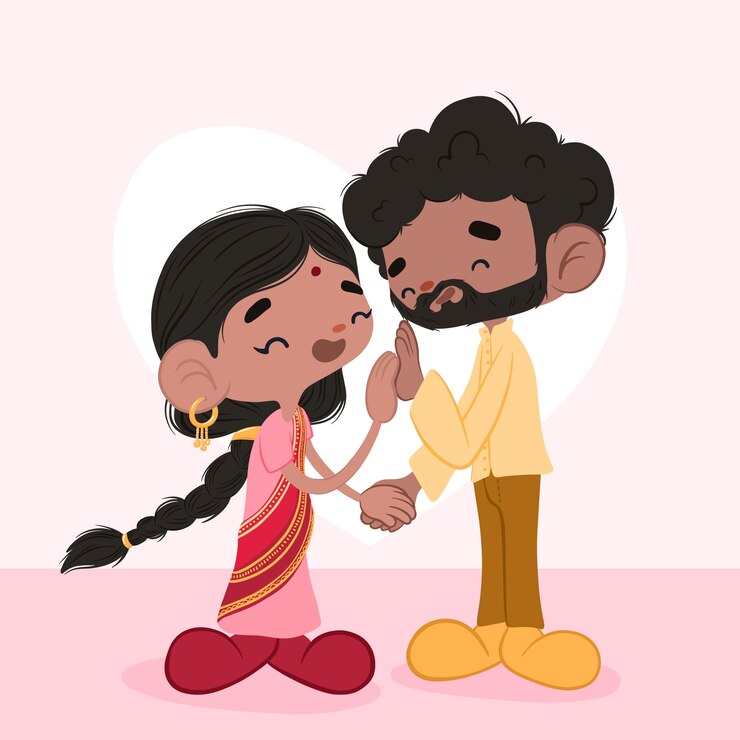मुफ़्त वेक्टर हाथ से बनाया गया एशियाई जोड़े का चित्रण
