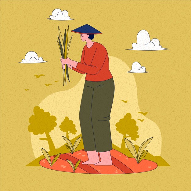 Hand drawn asian farmer illustration