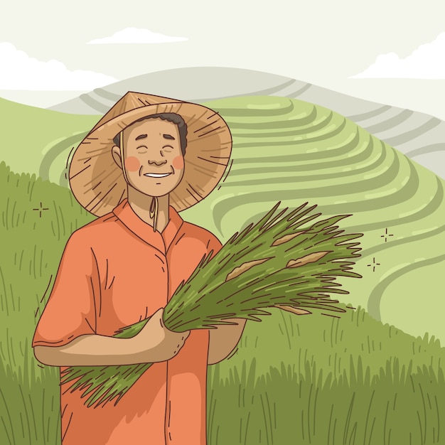 Vettore gratuito illustrazione di agricoltore asiatico disegnato a mano