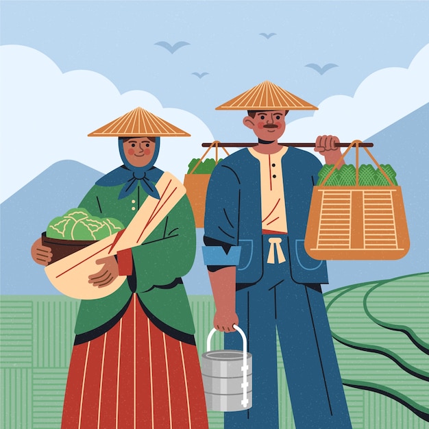 無料ベクター 手描きのアジアの農家のイラスト