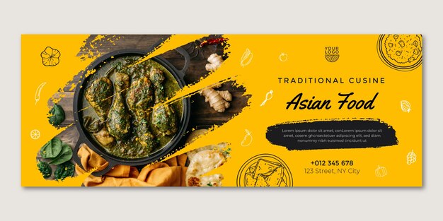 Нарисованная рукой обложка фейсбука азиатской кухни