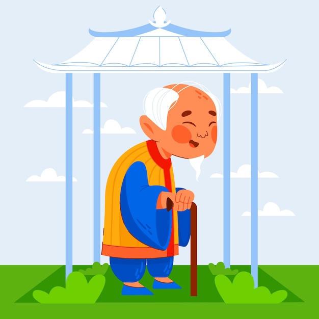 Hand drawn asian old people illustration