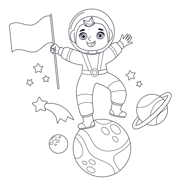 手描きの宇宙飛行士塗り絵イラスト