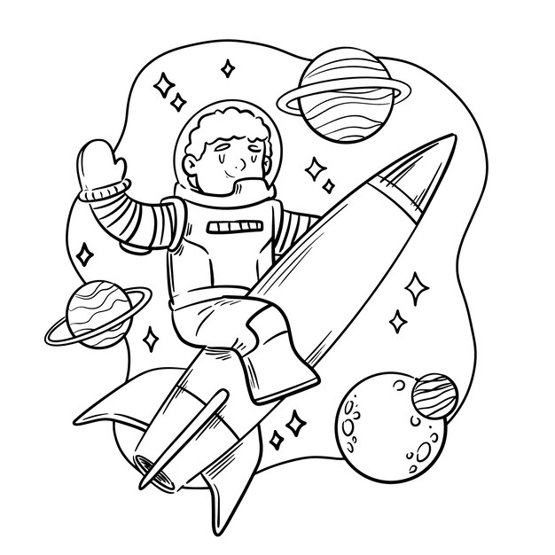 Нарисованная рукой иллюстрация книги раскраски космонавта