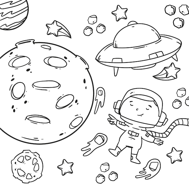 無料ベクター 手描きの宇宙飛行士塗り絵イラスト