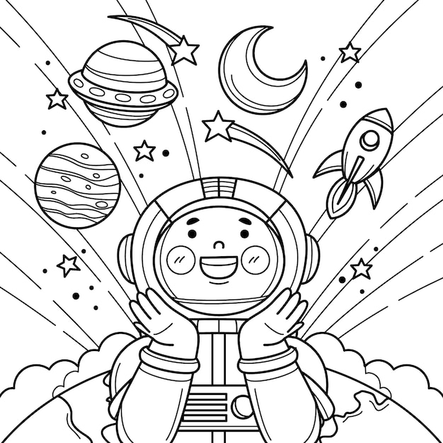 手描きの宇宙飛行士塗り絵イラスト