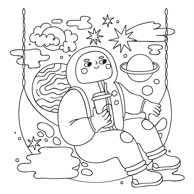 Hand drawn astronaut coloring book illustration