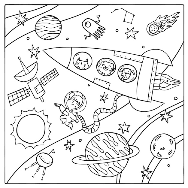 Нарисованная рукой иллюстрация книги раскраски космонавта