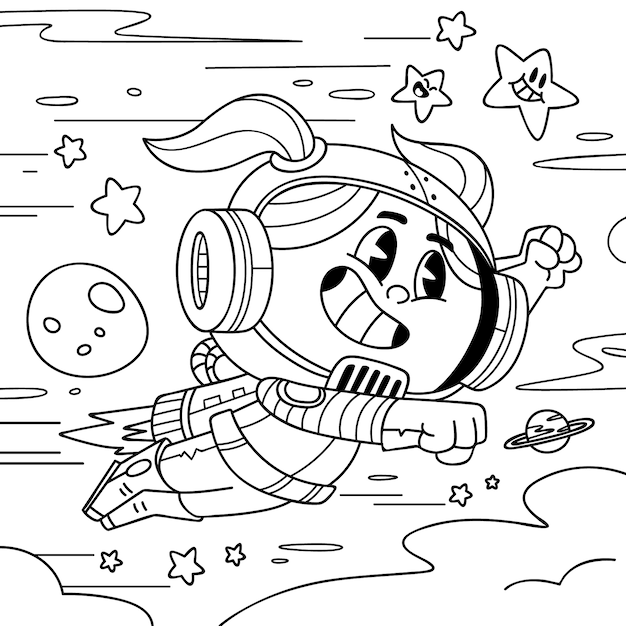 手描きの宇宙飛行士塗り絵イラスト