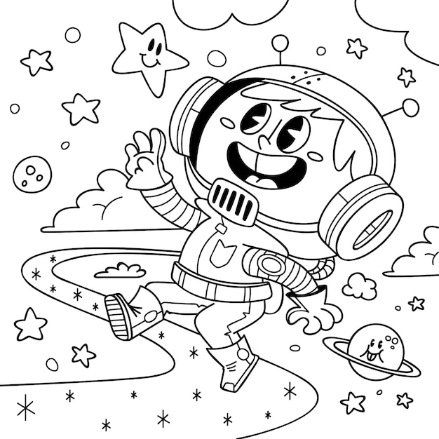 手描きの宇宙飛行士塗り絵イラスト