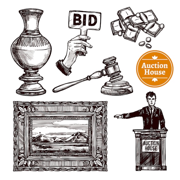 Бесплатное векторное изображение Ручной обращается аукционный набор