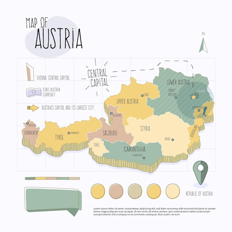 무료 Vector 손으로 그린 오스트리아지도 infographic