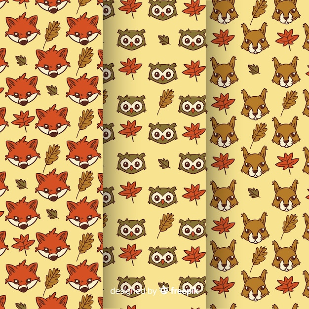 Hand drawn autumn animals pattern collection