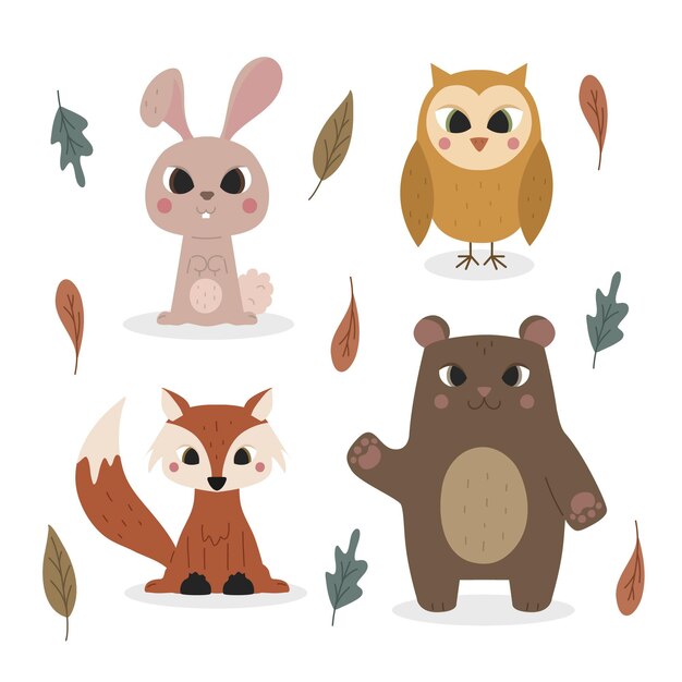 手描きの秋の動物セット