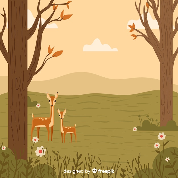 Hand drawn autumn background with deers