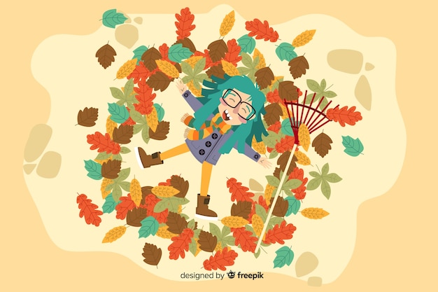 Hand drawn autumn background with girl