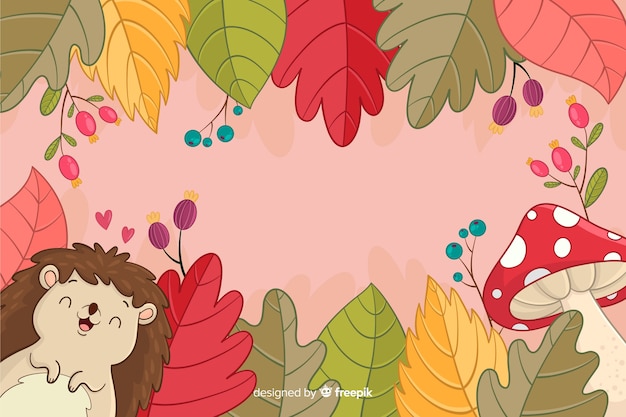 Hand drawn autumn background with hedgehog