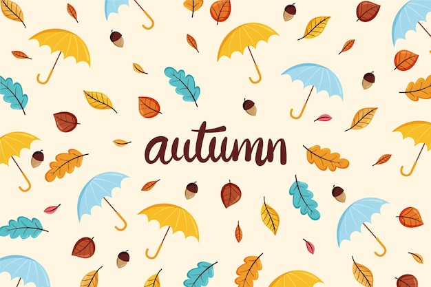 Hand drawn autumn background with leaves and umbrellas