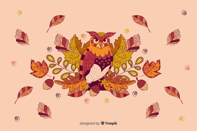 Hand drawn autumn background with owl