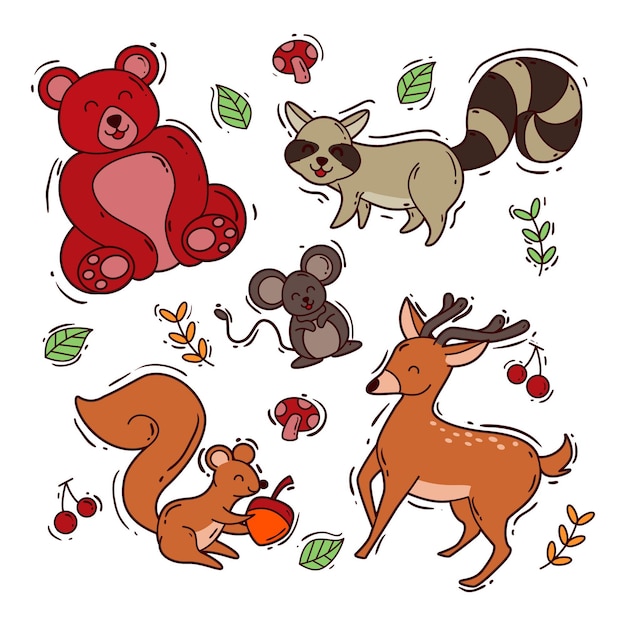 Hand drawn autumn forest animals collection