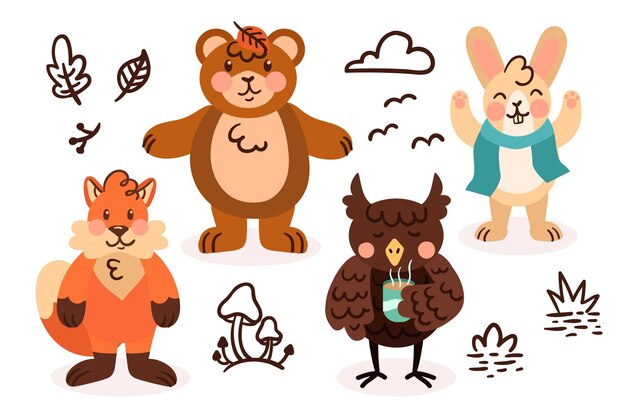 Hand drawn autumn forest animals collection