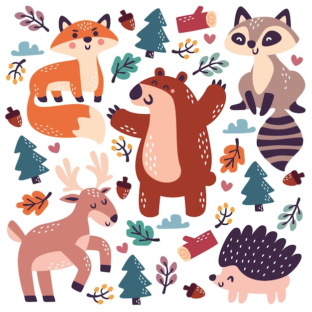 Hand drawn autumn forest animals collection