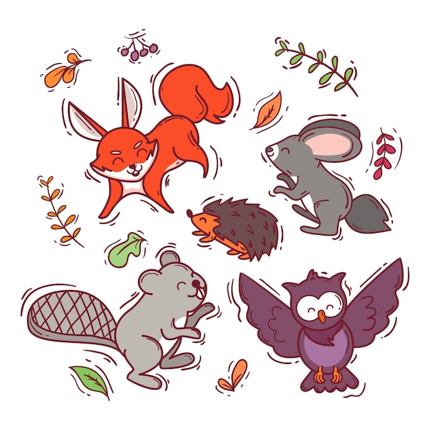 Hand drawn autumn forest animals set