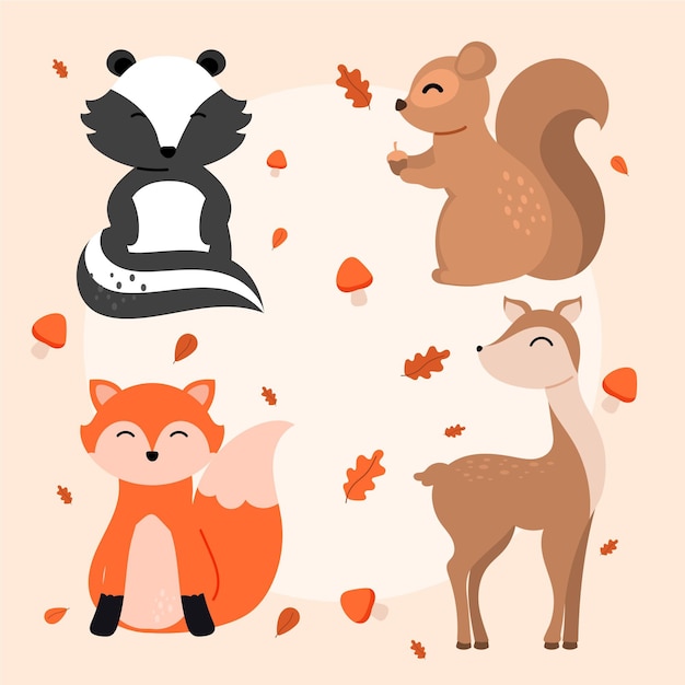 Free vector hand drawn autumn forest animals set