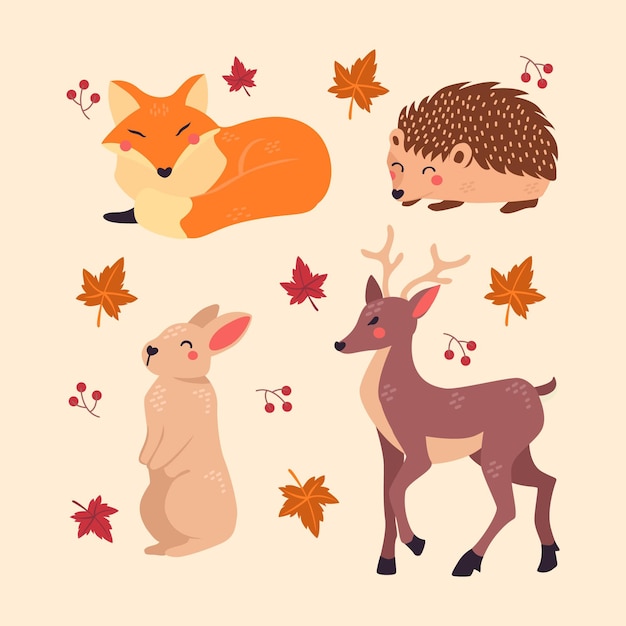 Free vector hand drawn autumn forest animals set