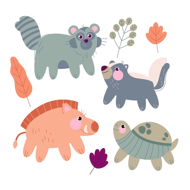 Free vector hand drawn autumn forest animals set