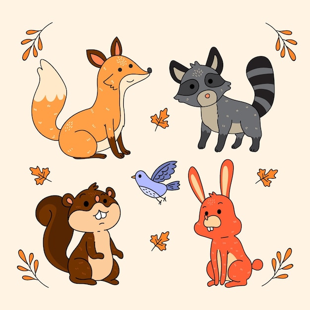 Free vector hand drawn autumn forest animals set