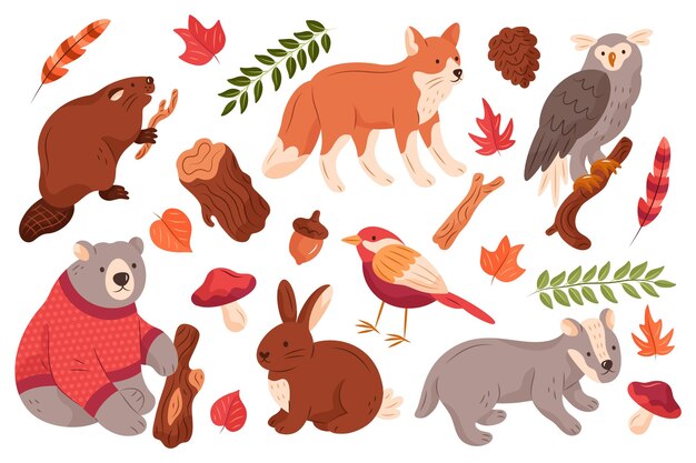 Hand drawn autumn forest animals set