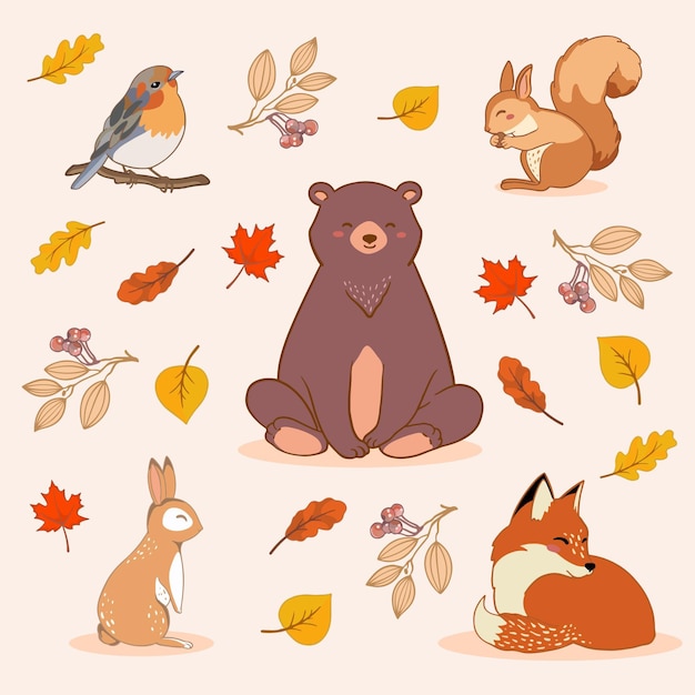 Hand-drawn autumn forest animals