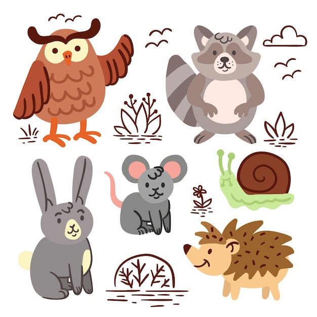 手描きの秋の森の動物