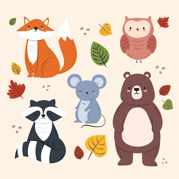 Animali della foresta di autunno disegnati a mano