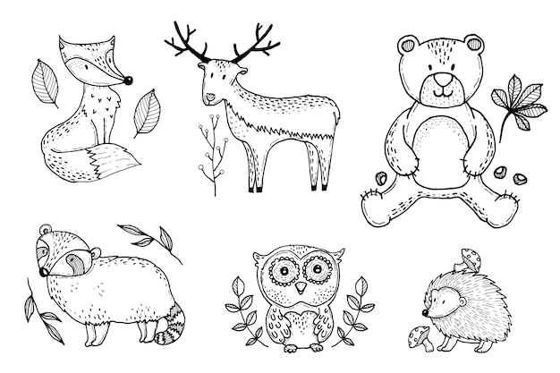 Hand drawn autumn fost animals collection